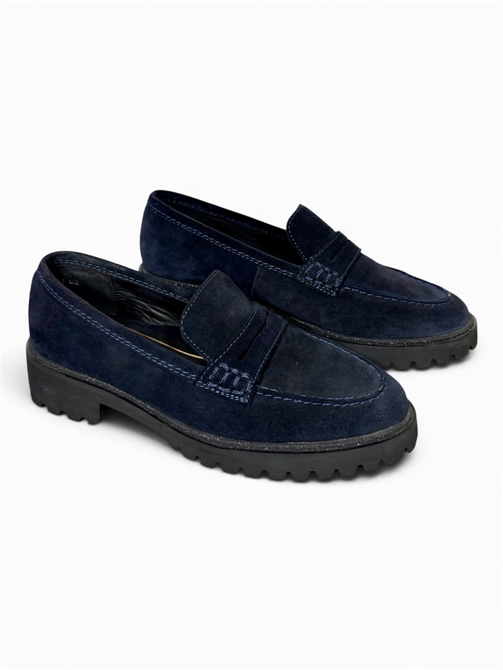 Ara High Soft Dark Blue Suede Penny Loafers with Lug Sole- woman’s US 7, UK 4.5